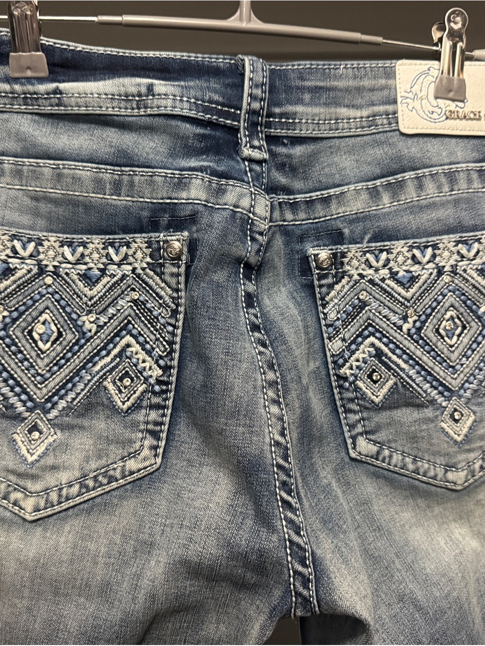 Grace in LA Light Blue Embroidered Boot Cut Jeans 32x34
